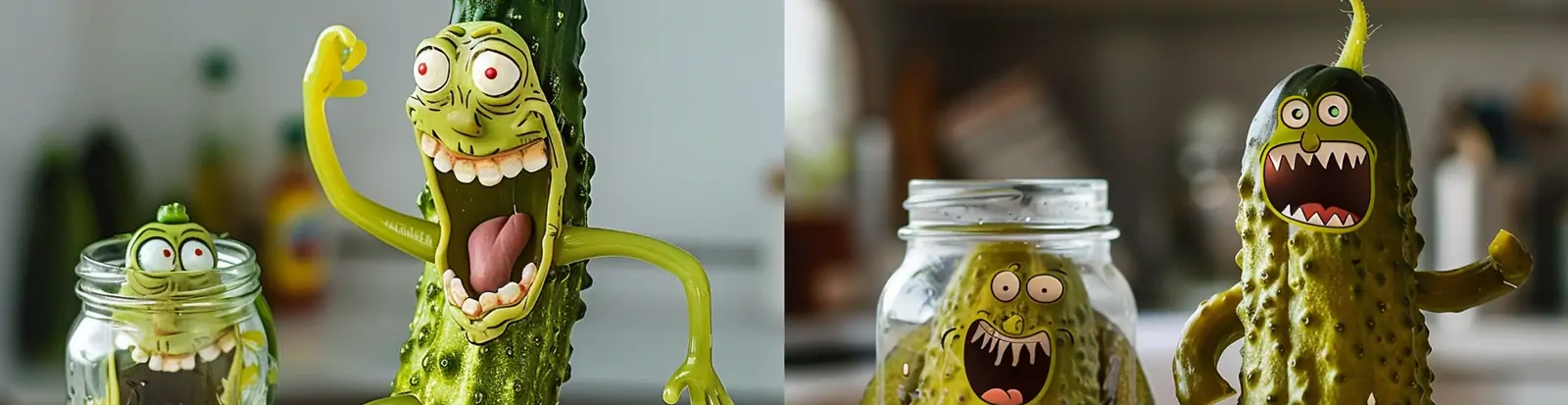 趣味搞笑拟人化卡通泡菜黄瓜透明玻璃瓶插图海报midjourney关键词咒语
