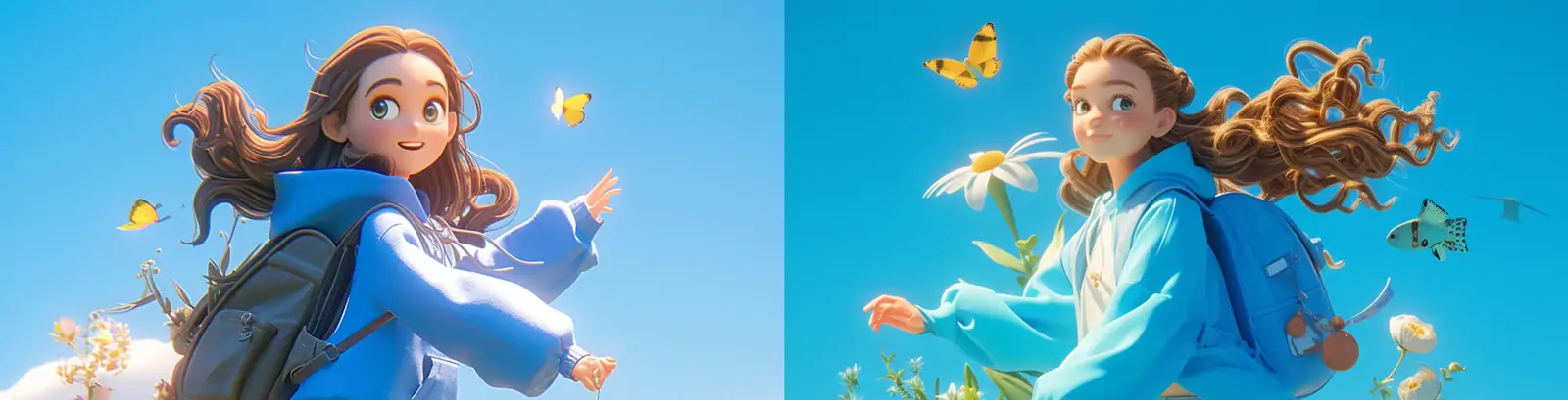 手绘动漫可爱卡通活力女孩旅游度假动画人物插图海报midjourney关键词咒语