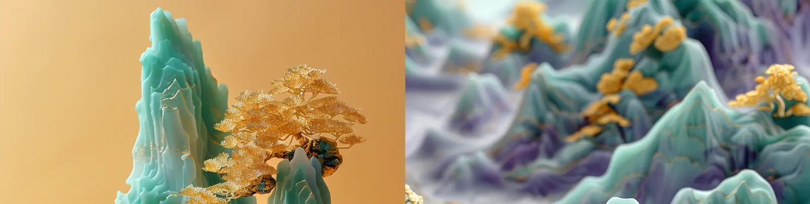 中国风烫金自然山水风景植物半透明艺术品雕塑模型midjourney关键词咒语