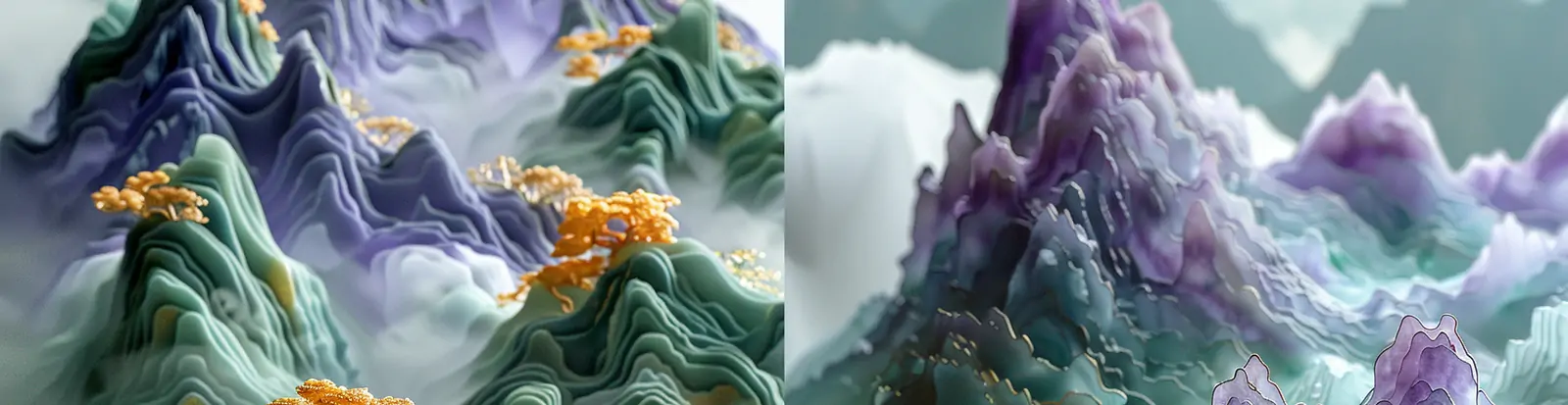 中国风烫金自然山水风景植物半透明树脂波浪艺术品雕塑模型midjourney关键词咒语