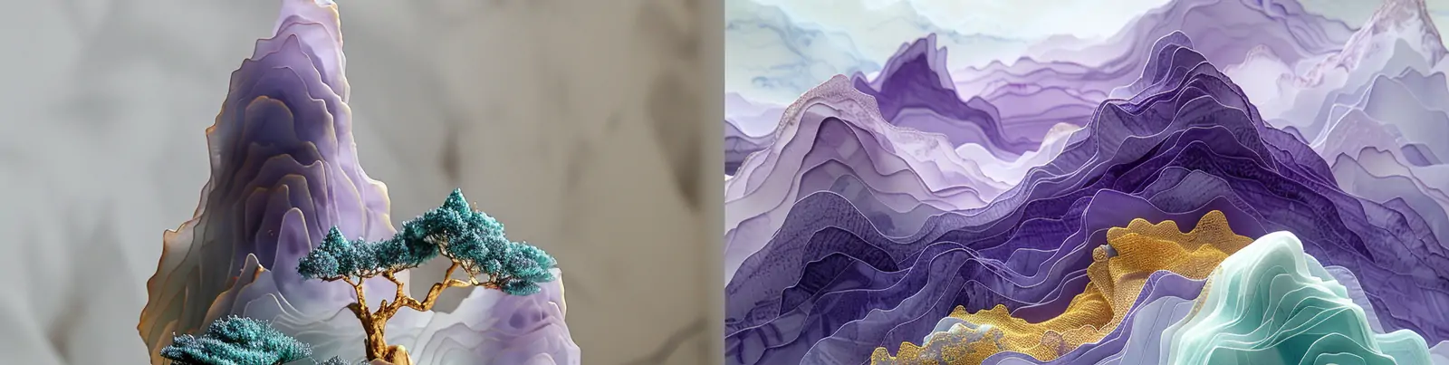 中国风烫金自然山水风景植物半透明树脂波浪艺术品雕塑模型midjourney关键词咒语