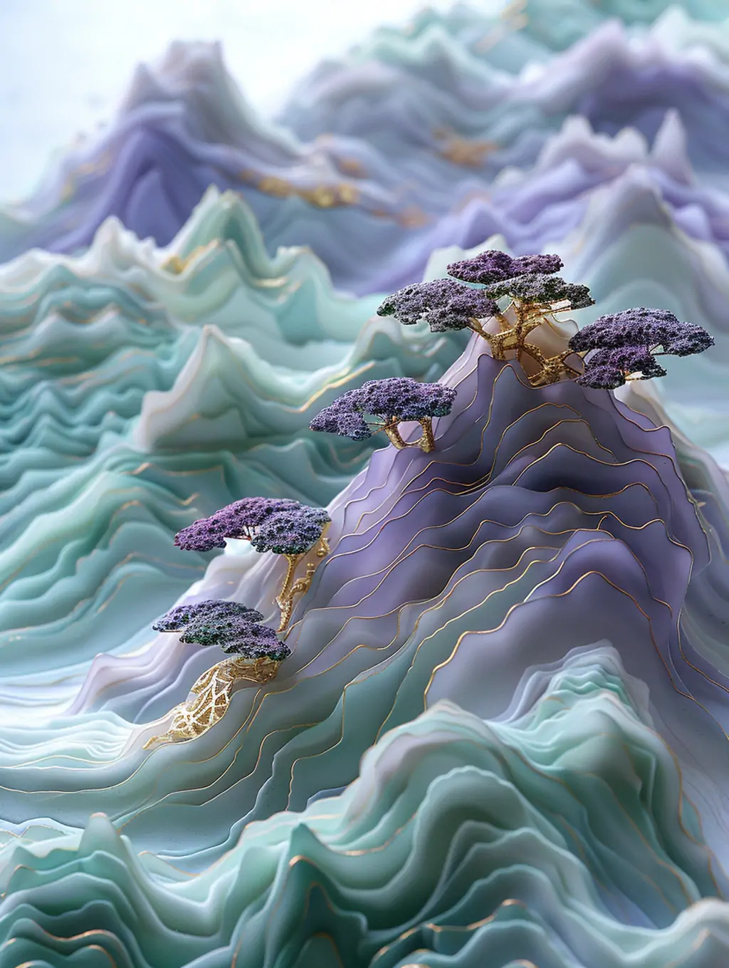 中国风烫金自然山水风景植物半透明树脂波浪艺术品雕塑模型midjourney关键词咒语 - Ai宇宙吧--Ai宇宙吧-