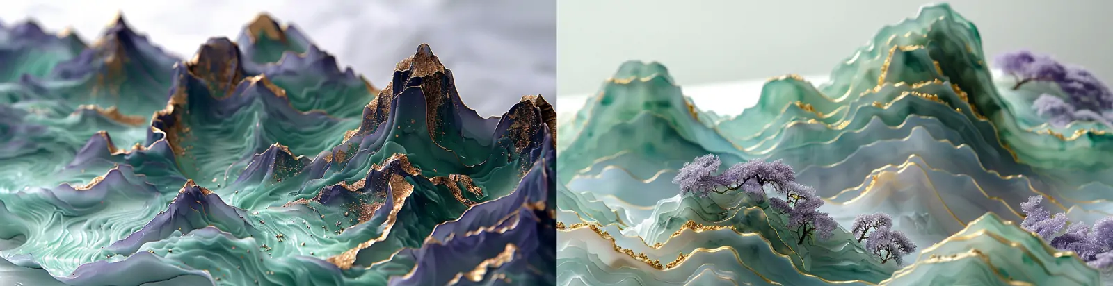 中国风烫金自然山水风景植物半透明树脂波浪艺术品雕塑模型midjourney关键词咒语