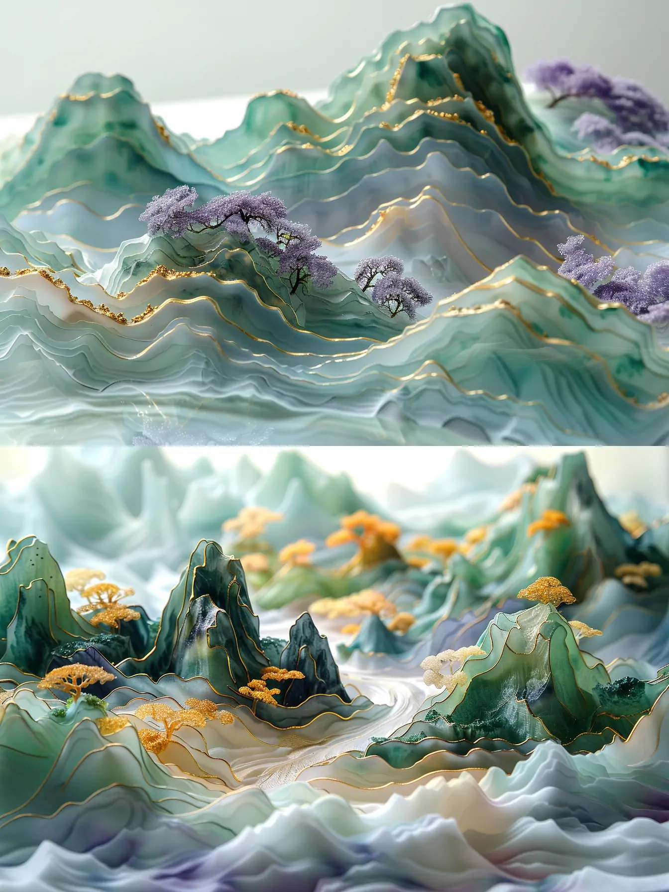 中国风烫金自然山水风景植物半透明树脂波浪艺术品雕塑模型midjourney关键词咒语 - Ai宇宙吧--Ai宇宙吧-