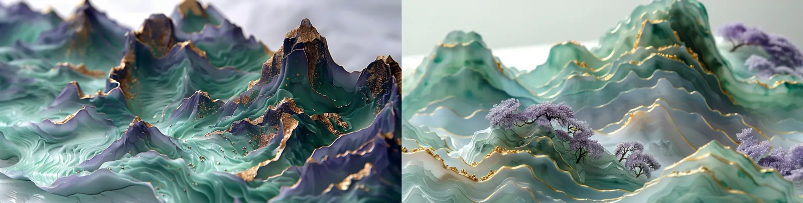 中国风东方传统烫金山脉自然山水风景植物半透明树脂波浪雕塑模型midjourney关键词咒语