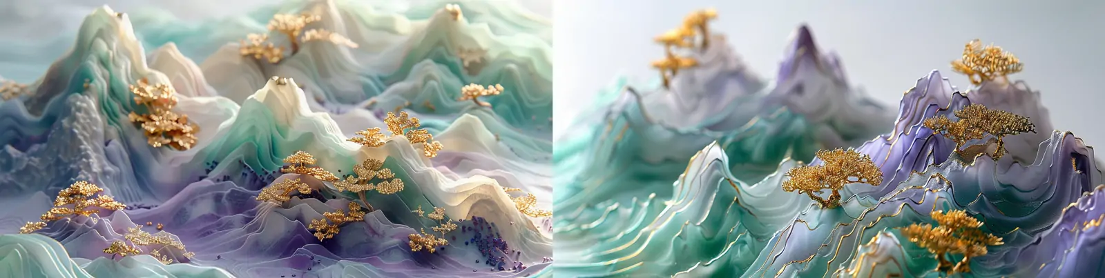 中国风东方传统烫金山脉自然山水风景植物半透明树脂波浪雕塑模型midjourney关键词咒语