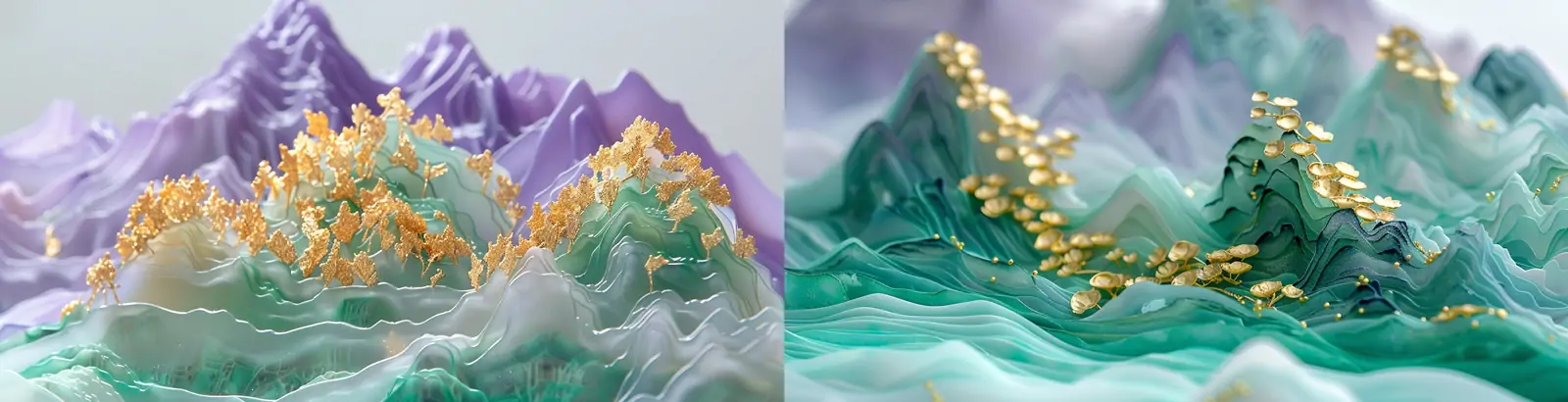 中国风东方传统烫金山脉自然山水风景植物半透明树脂波浪雕塑模型midjourney关键词咒语