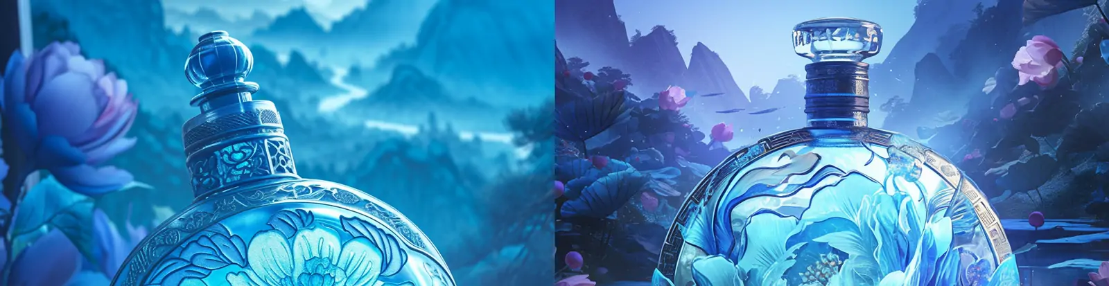 中国风蓝色青花瓷白酒瓶产品包装广告海报midjourney关键词咒语