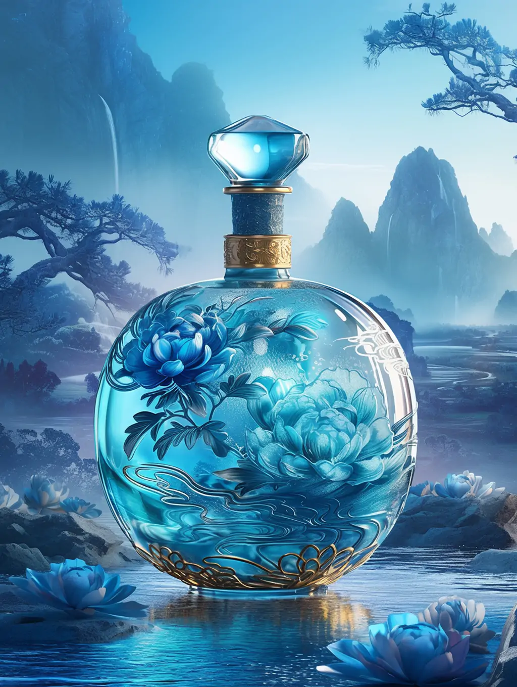 中国风蓝色青花瓷白酒瓶产品包装广告海报midjourney关键词咒语 - Ai宇宙吧--Ai宇宙吧-
