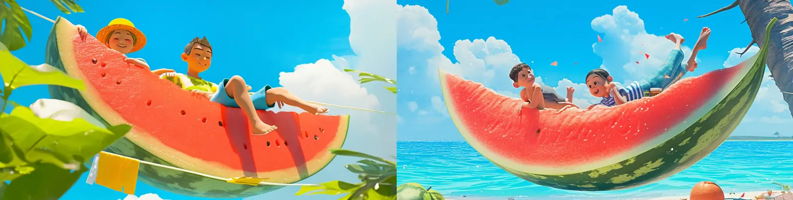 3D立体夏季西瓜蓝天白云大海沙滩度假场景插图海报midjourney关键词咒语