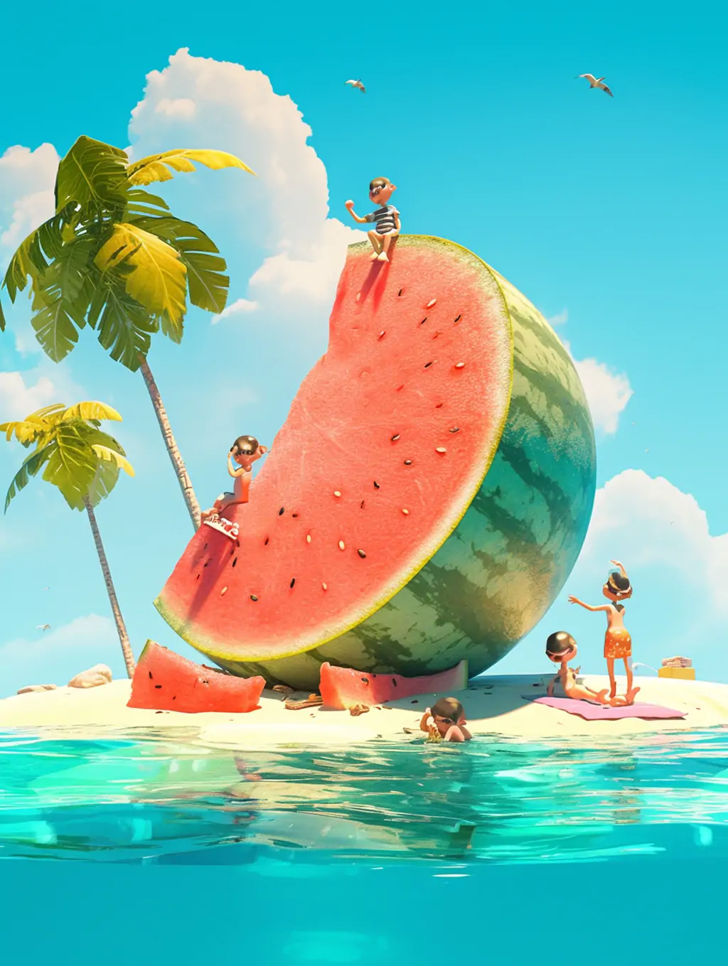 3D立体夏季西瓜蓝天白云大海沙滩度假场景插图海报midjourney关键词咒语-Ai宇宙吧-