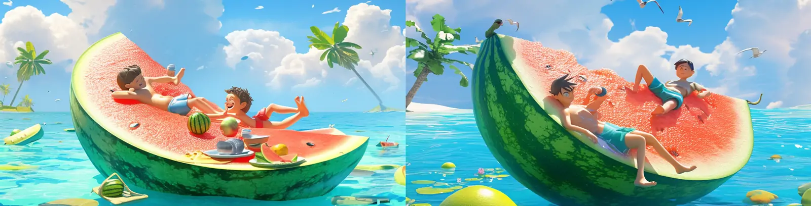 3D立体夏季西瓜蓝天白云大海沙滩度假场景插图海报midjourney关键词咒语