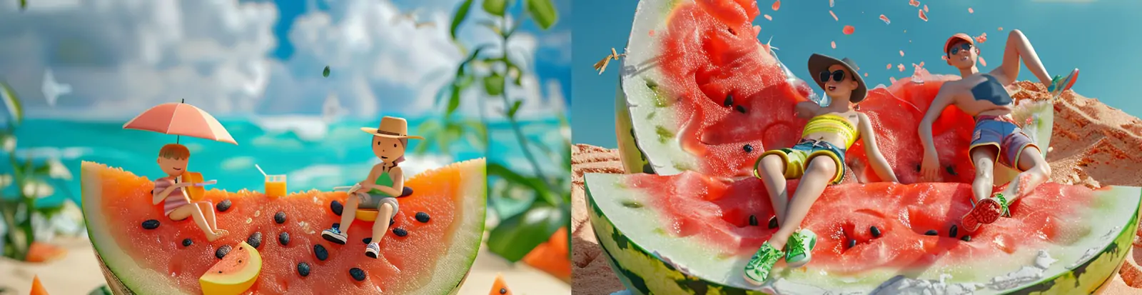 3D立体夏季西瓜蓝天白云大海沙滩度假场景插图海报midjourney关键词咒语