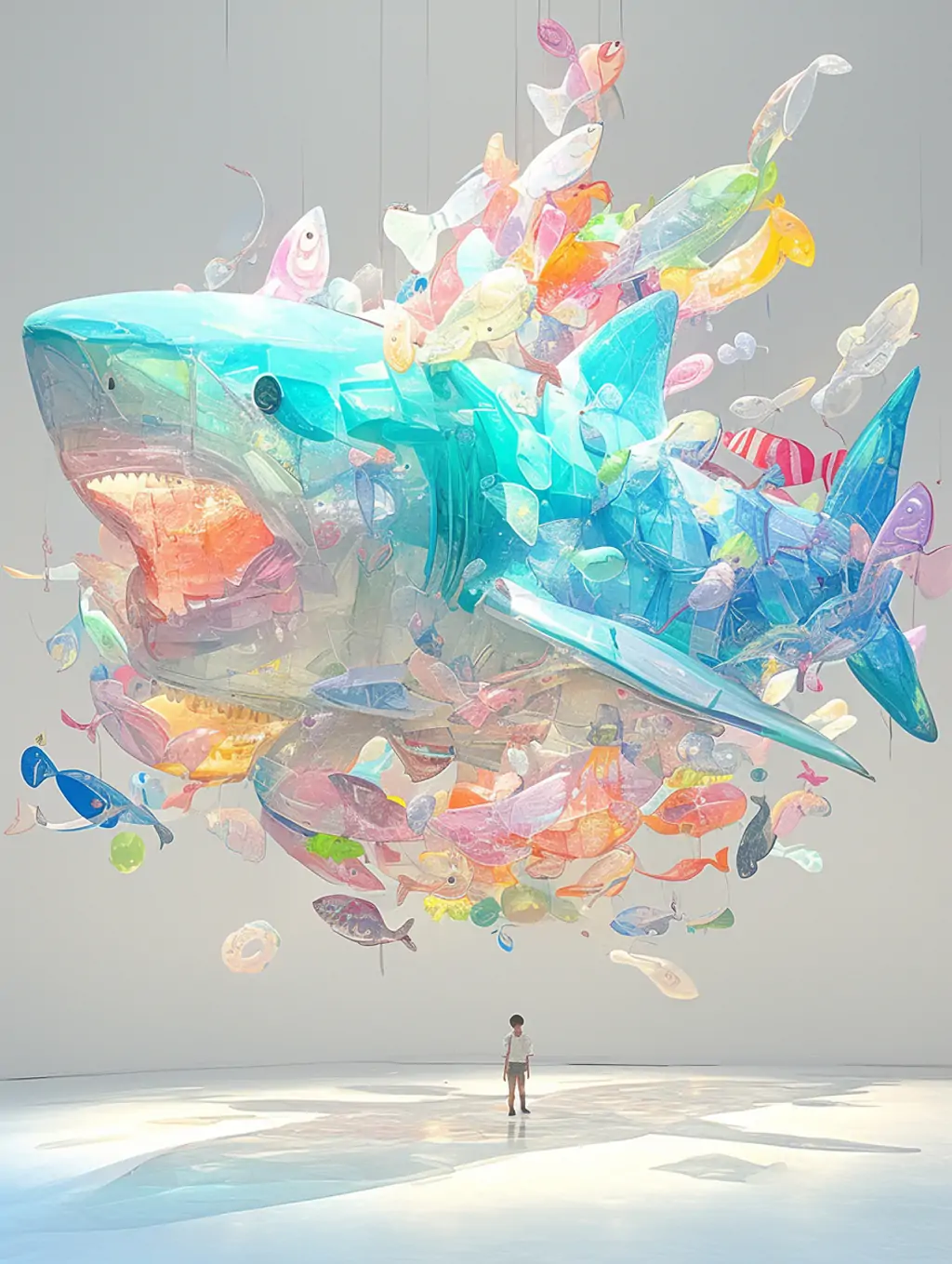 创意可爱糖果气球鲨鱼艺术装置漂浮摄影海报midjourney关键词咒语 - Ai宇宙吧--Ai宇宙吧-
