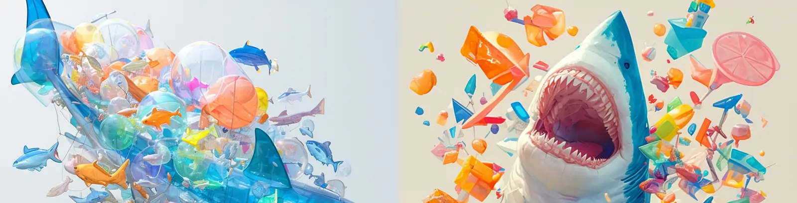 创意可爱糖果气球鲨鱼艺术装置漂浮摄影海报midjourney关键词咒语