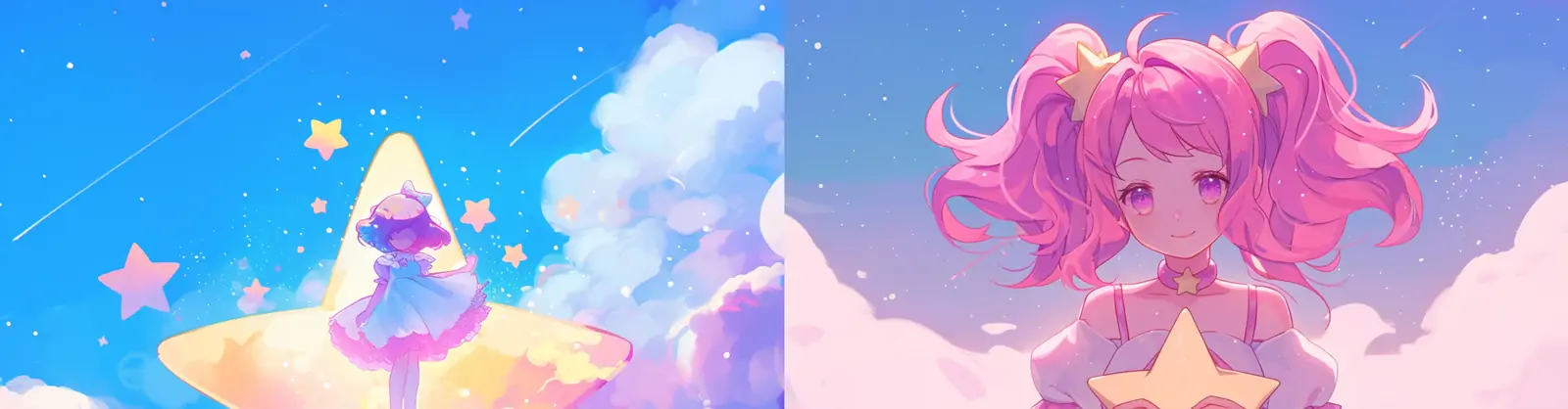 手绘可爱卡通美少女星星云朵彩虹插图绘画海报midjourney关键词咒语