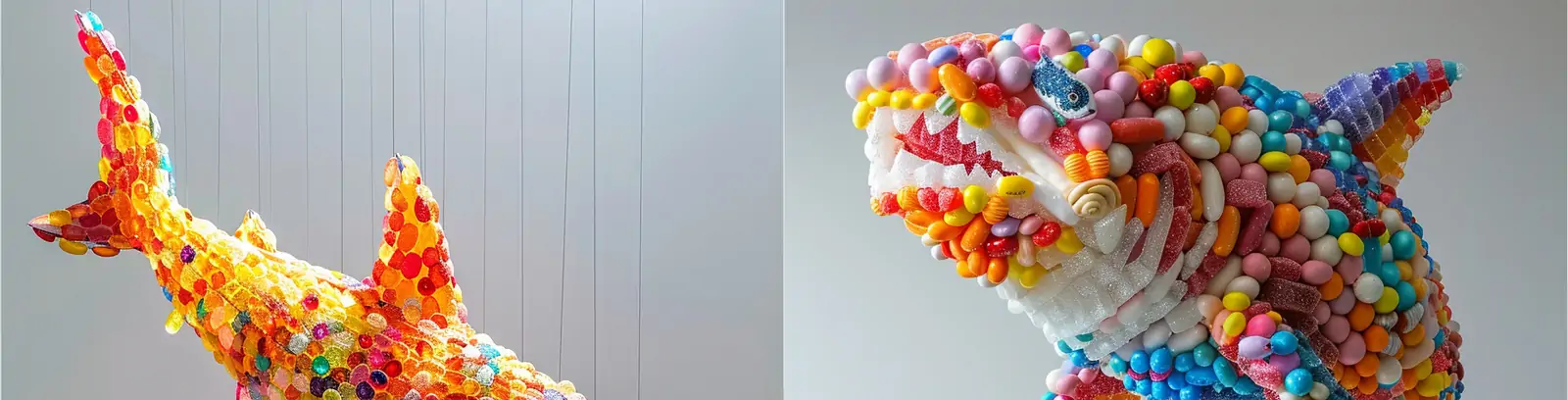 创意可爱彩虹糖果鲨鱼模型艺术摄影海报midjourney关键词咒语