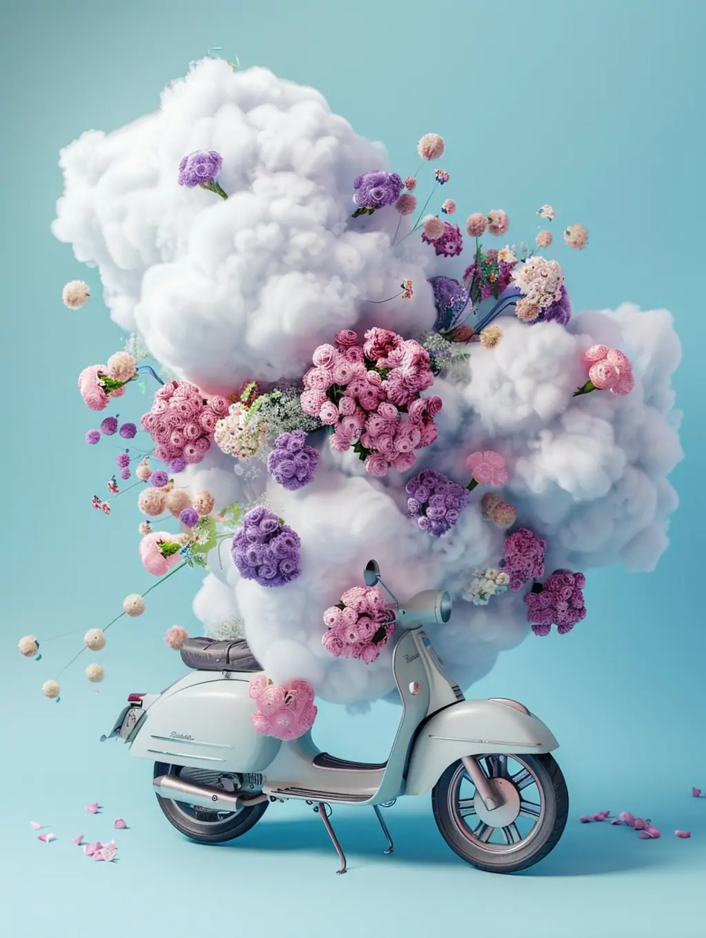 创意电动摩托车踏板车鲜花云朵广告海报midjourney关键词咒语 - Ai宇宙吧--Ai宇宙吧-