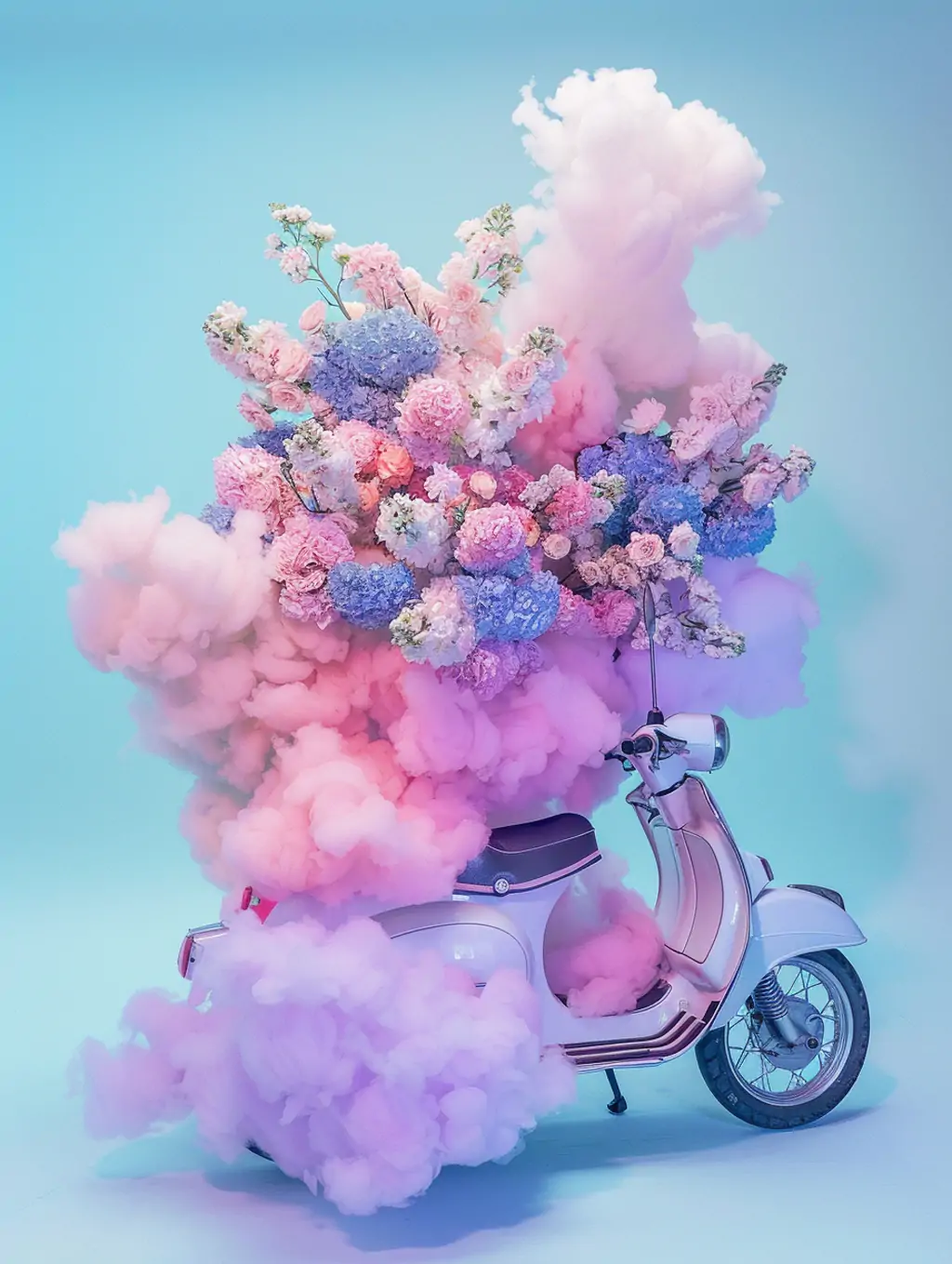 创意电动摩托车踏板车鲜花云朵广告海报midjourney关键词咒语 - Ai宇宙吧--Ai宇宙吧-