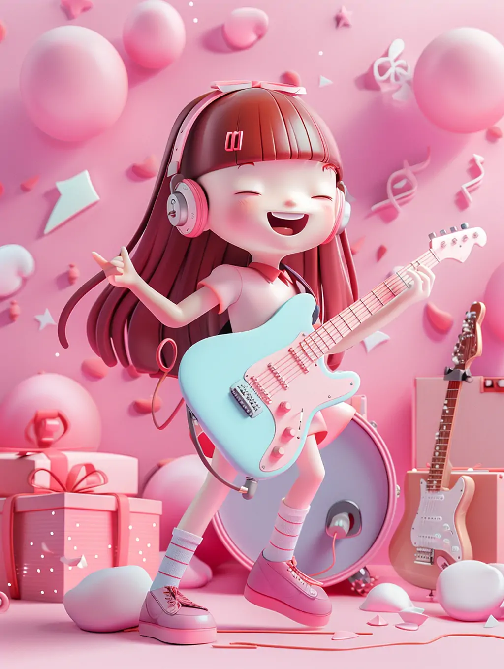 3D立体可爱动漫卡通女孩弹吉他乐器盲盒玩具插图midjourney关键词咒语 - Ai宇宙吧--Ai宇宙吧-