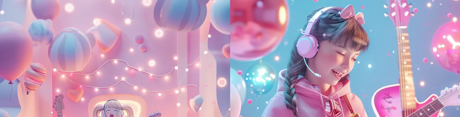 3D立体可爱动漫卡通女孩弹吉他乐器盲盒玩具插图midjourney关键词咒语