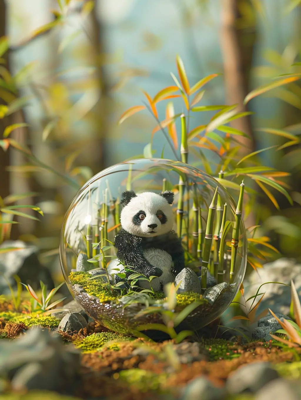 创意透明玻璃球体熊猫竹林微型景观三维立体效果摄影海报midjourney关键词咒语 - Ai宇宙吧--Ai宇宙吧-