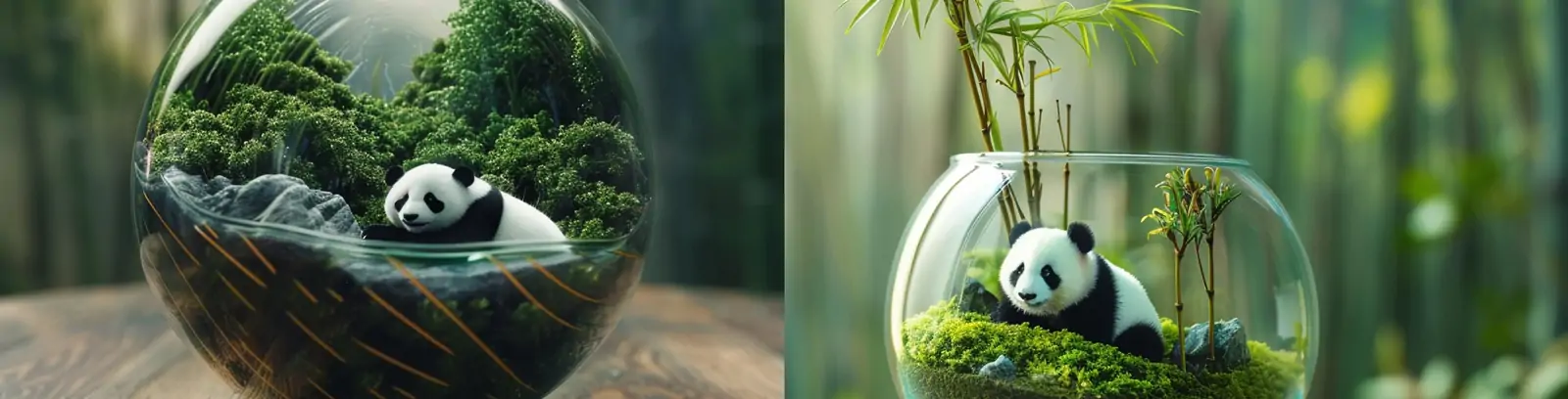 创意透明玻璃球体熊猫竹林微型景观三维立体效果摄影海报midjourney关键词咒语
