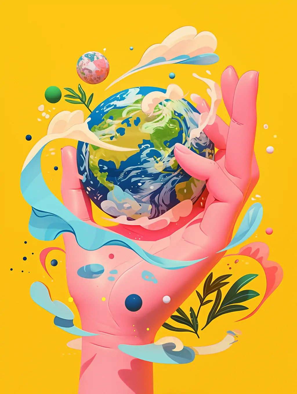创意手绘卡通手托星球环保艺术插图海报midjourney关键词咒语 - Ai宇宙吧--Ai宇宙吧-