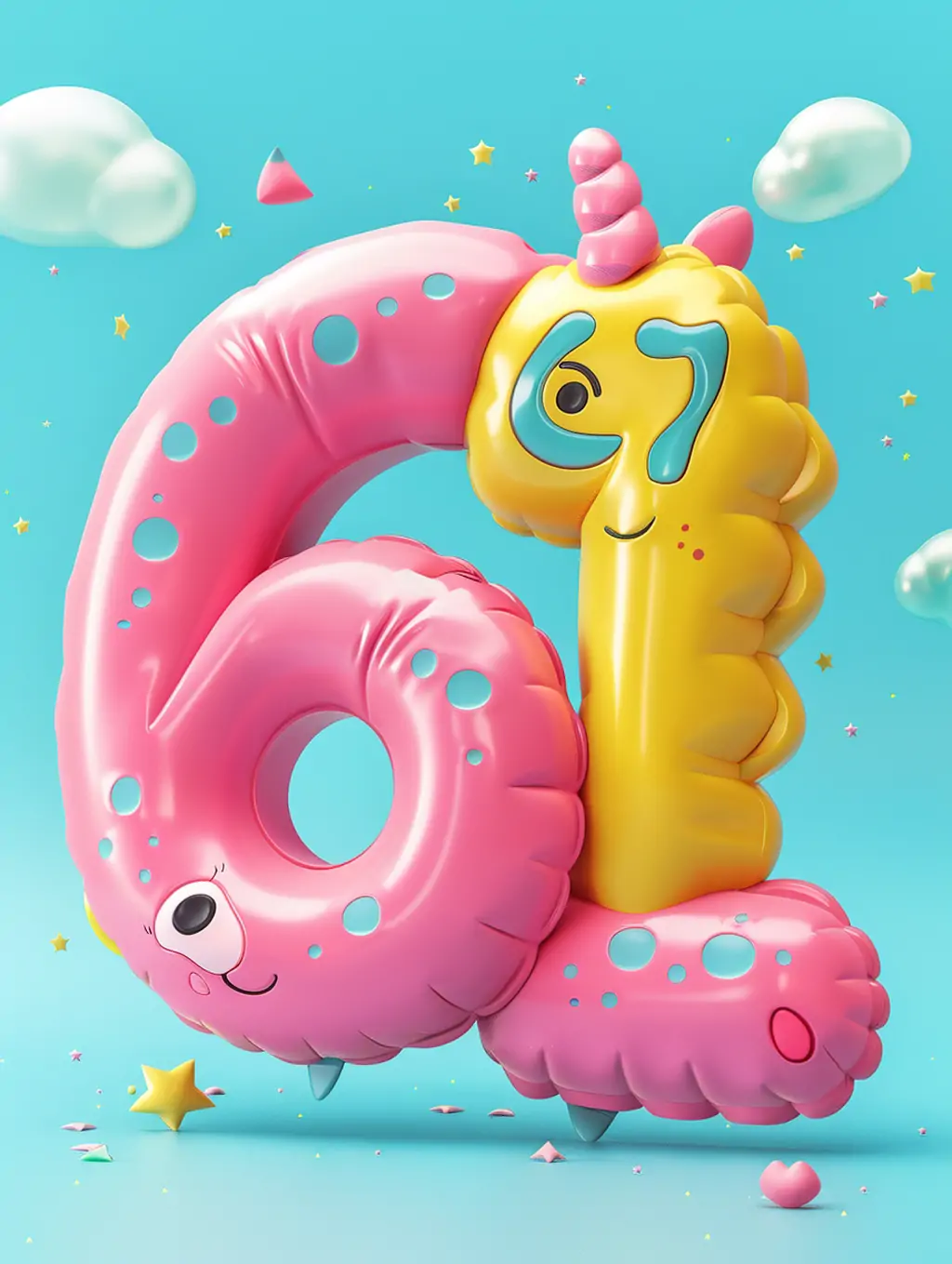 彩色可爱卡通充气气球六一儿童节61立体数字插图海报midjourney关键词咒语 - Ai宇宙吧--Ai宇宙吧-