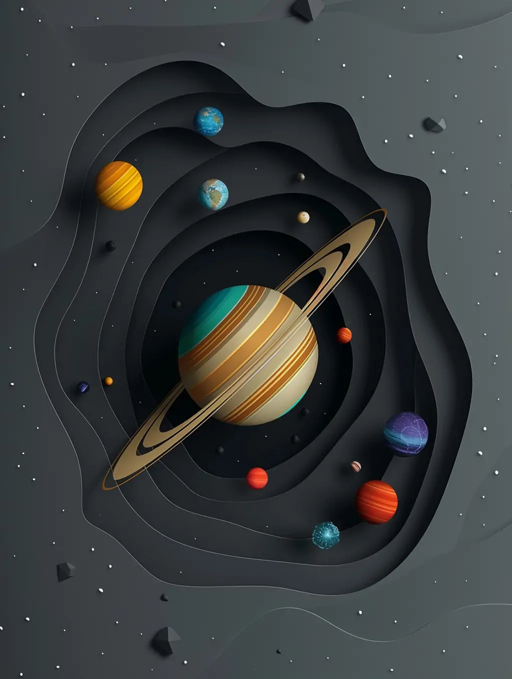 宇宙太空星球太阳系行星土星立体光环剪纸风格空间海报midjourney关键词咒语 - Ai宇宙吧--Ai宇宙吧-