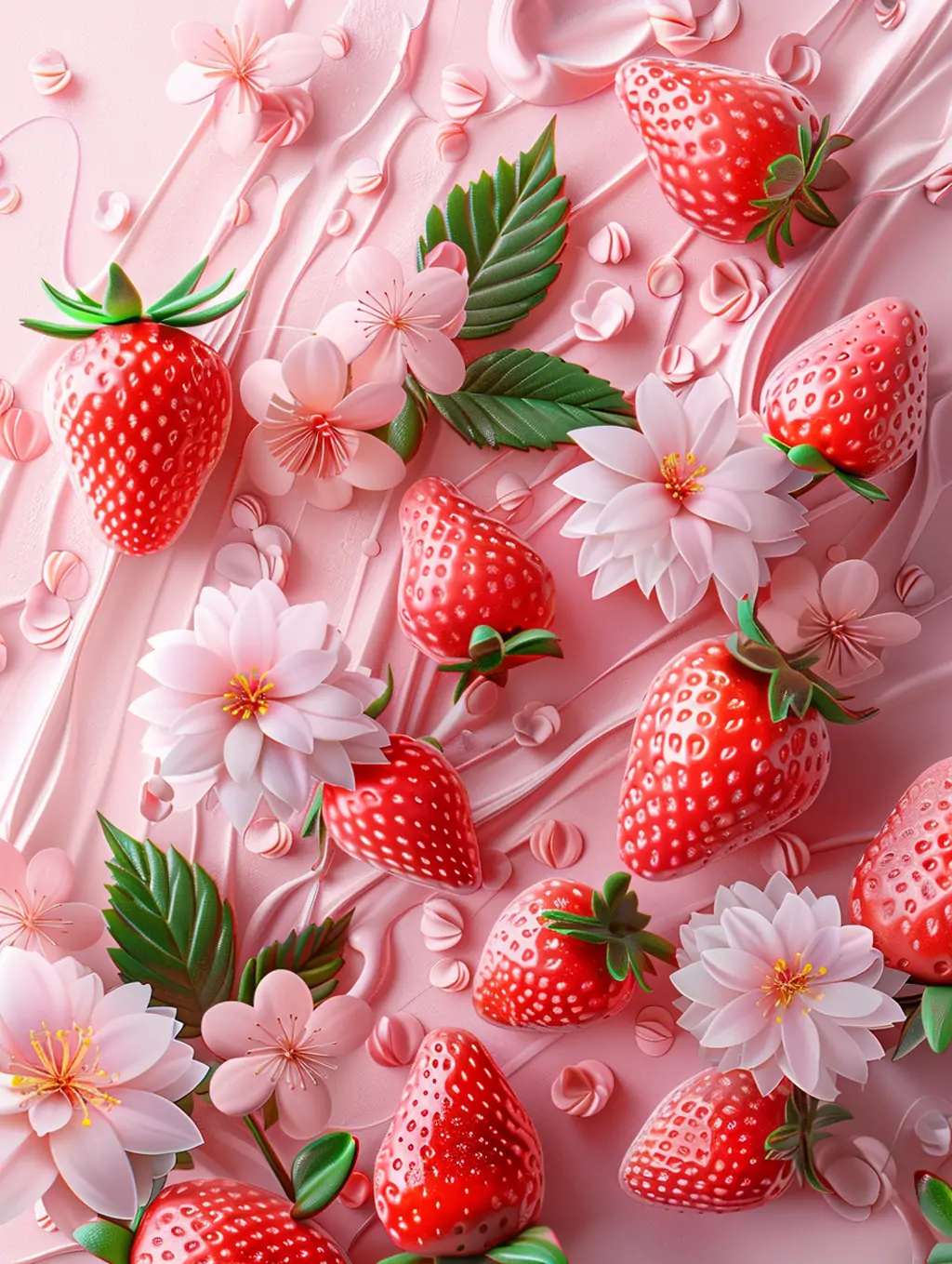 3D立体卡通春天粉红色草莓鲜花植物纹理图案海报背景midjourney关键词咒语 - Ai宇宙吧--Ai宇宙吧-