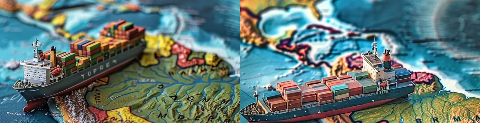 创意世界地图南美洲海岸特写轮船集装箱玩具特写海报midjourney关键词咒语
