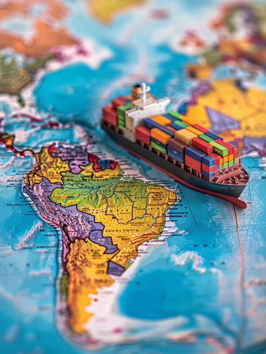 创意世界地图南美洲海岸特写轮船集装箱玩具特写海报midjourney关键词咒语 - Ai宇宙吧--Ai宇宙吧-