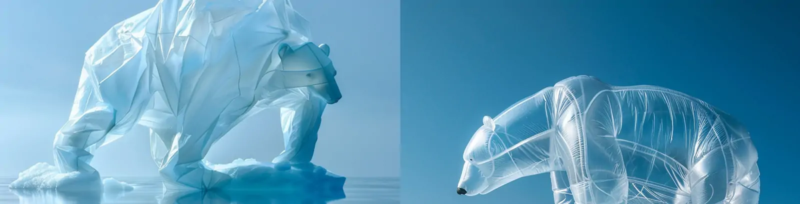 创意环保逼真立体充气透明塑料袋北极熊动物模型摄影海报midjourney关键词咒语