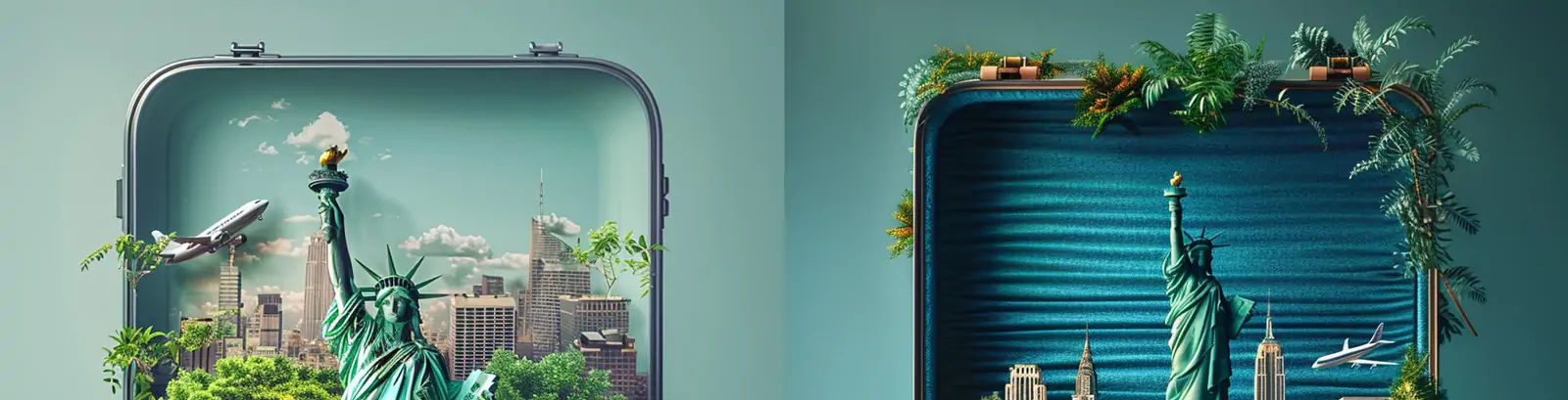 创意旅行度假3D立体手提箱自由女神雕像海报midjourney关键词咒语