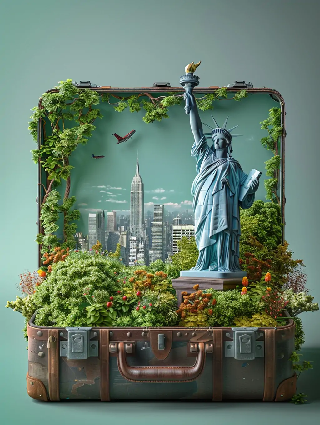 创意旅行度假3D立体手提箱自由女神雕像海报midjourney关键词咒语 - Ai宇宙吧--Ai宇宙吧-