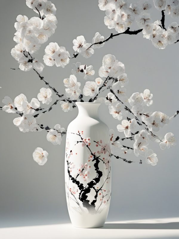 中国风白色瓷花瓶水墨梅花特写摄影海报奇域ai绘画关键词咒语-Ai宇宙吧-