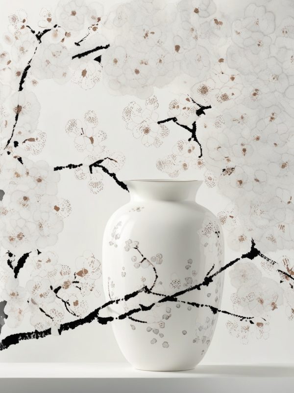 中国风白色瓷器花瓶水墨梅花印染摄影海报奇域ai绘画关键词咒语-Ai宇宙吧-