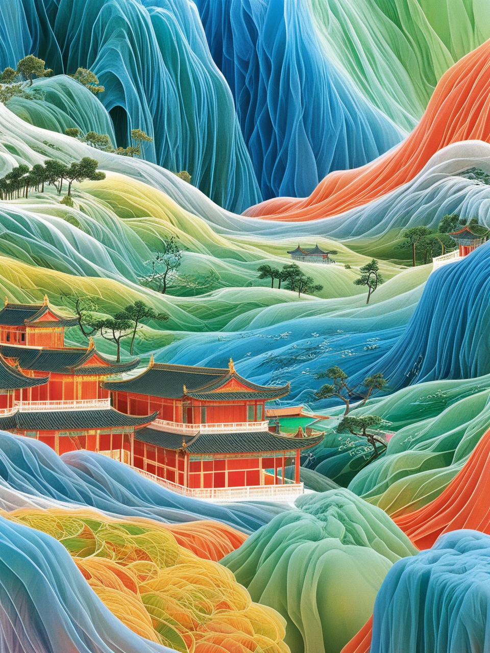 抽象彩色中国风山水线条建筑场景模型海报奇域ai绘画关键词咒语 - Ai宇宙吧--Ai宇宙吧-