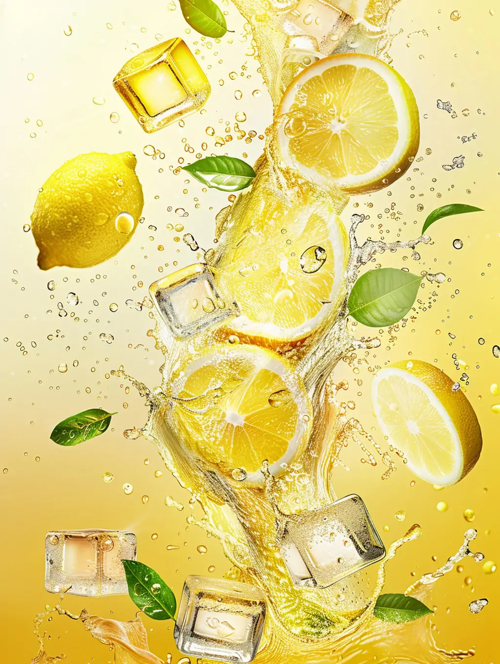 创意清凉夏季黄色柠檬果汁饮料冰块广告摄影海报midjourney关键词咒语 - Ai宇宙吧--Ai宇宙吧-