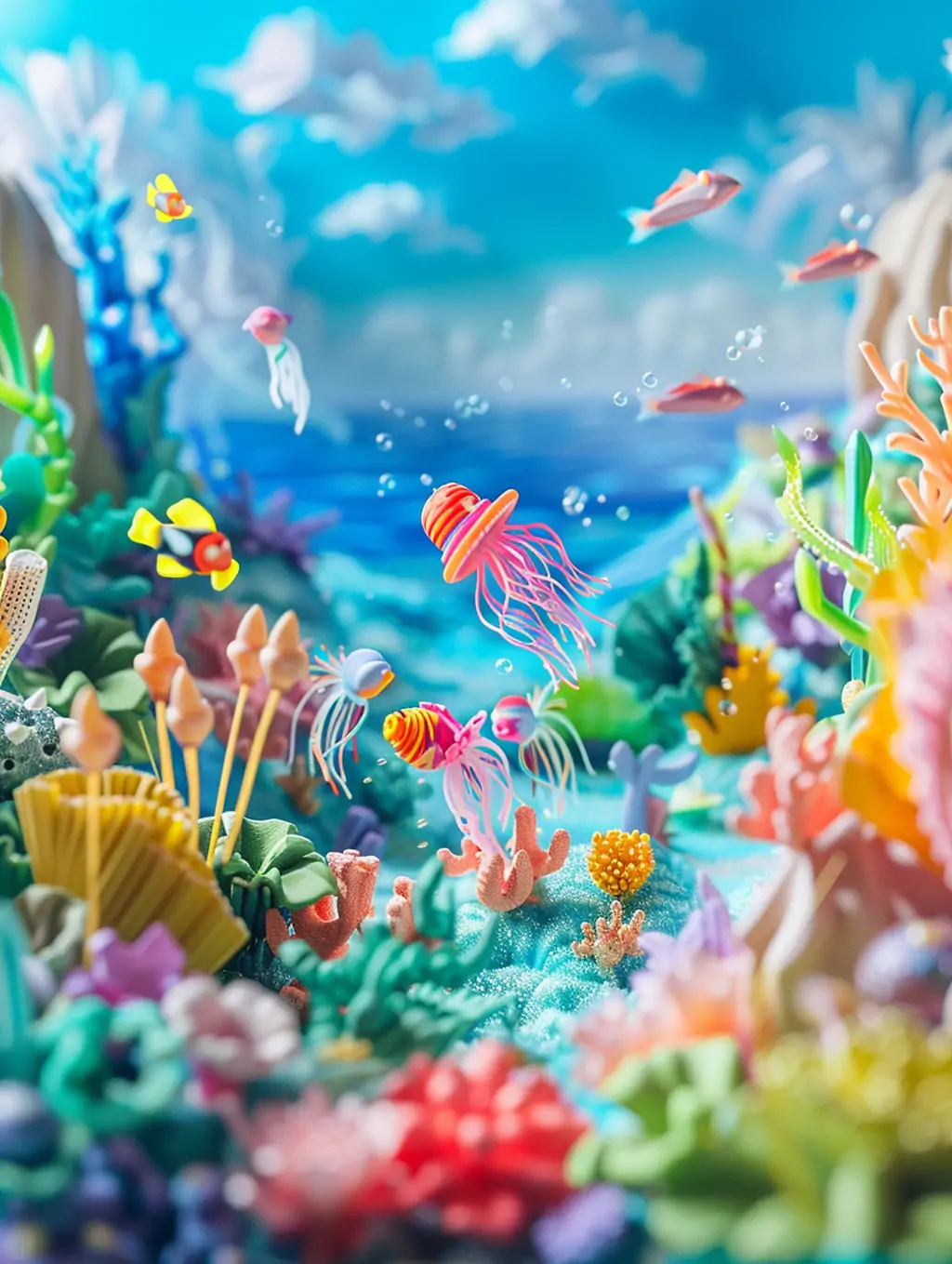 美丽彩色海底世界透明水母3D微缩景观场景插图海报midjourney关键词咒语-Ai宇宙吧-