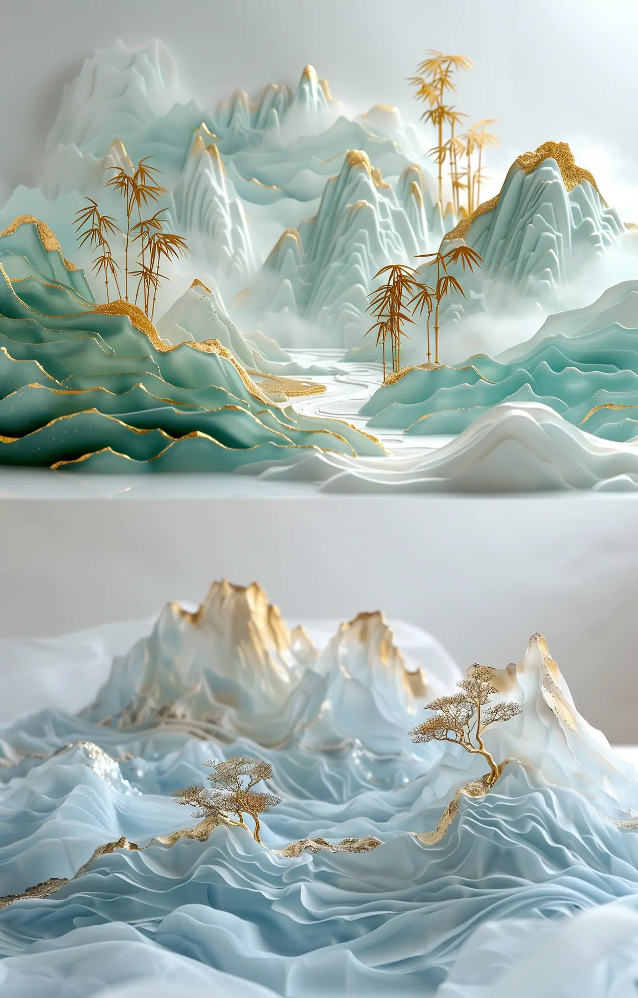 中国风3D立体烫金自然山水半透明树脂波浪雕塑模型midjourney关键词咒语-Ai宇宙吧-
