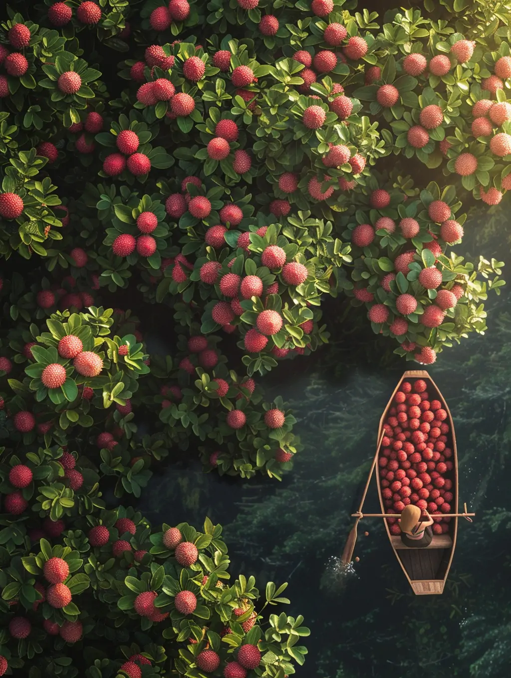 创意自然森林河流荔枝水果食品广告封面摄影海报midjourney关键词咒语-Ai宇宙吧-
