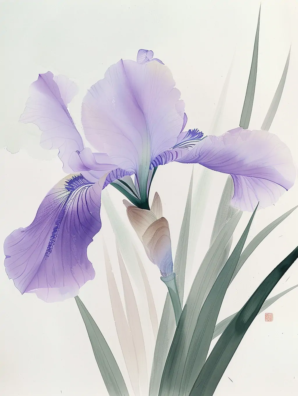 手绘中国风紫色鸢尾花鲜花植物插图海报midjourney关键词咒语-Ai宇宙吧-