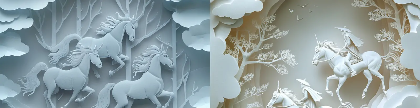 创意三匹马云朵剪纸艺术纸雕工艺品立体海报midjourney关键词咒语