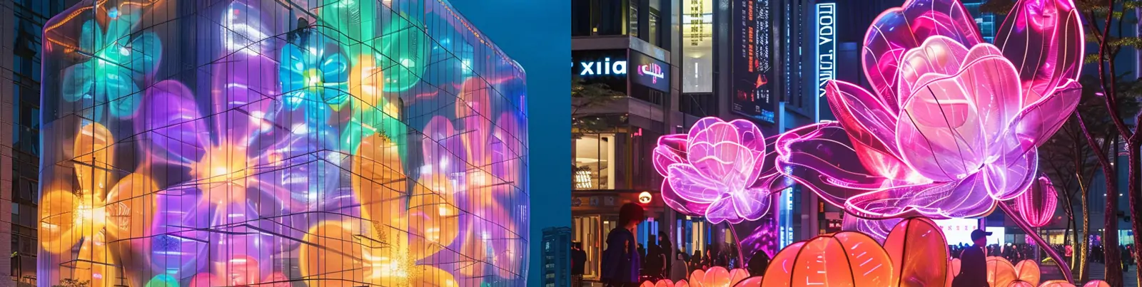 现代城市广场充气气球花朵形状鲜花霓虹灯装置摄影海报midjourney关键词咒语