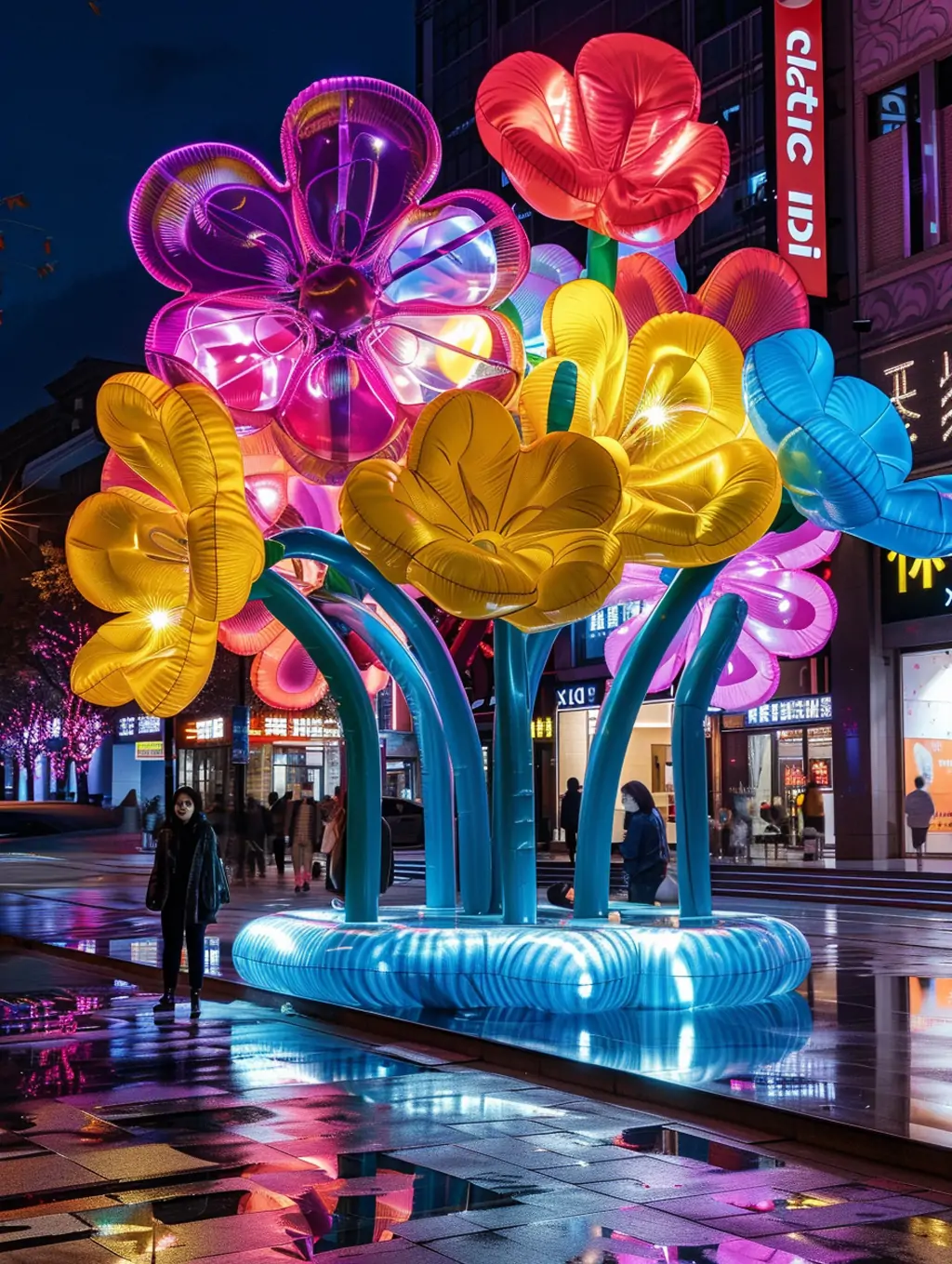 现代城市广场充气气球花朵形状鲜花霓虹灯装置摄影海报midjourney关键词咒语 - Ai宇宙吧--Ai宇宙吧-