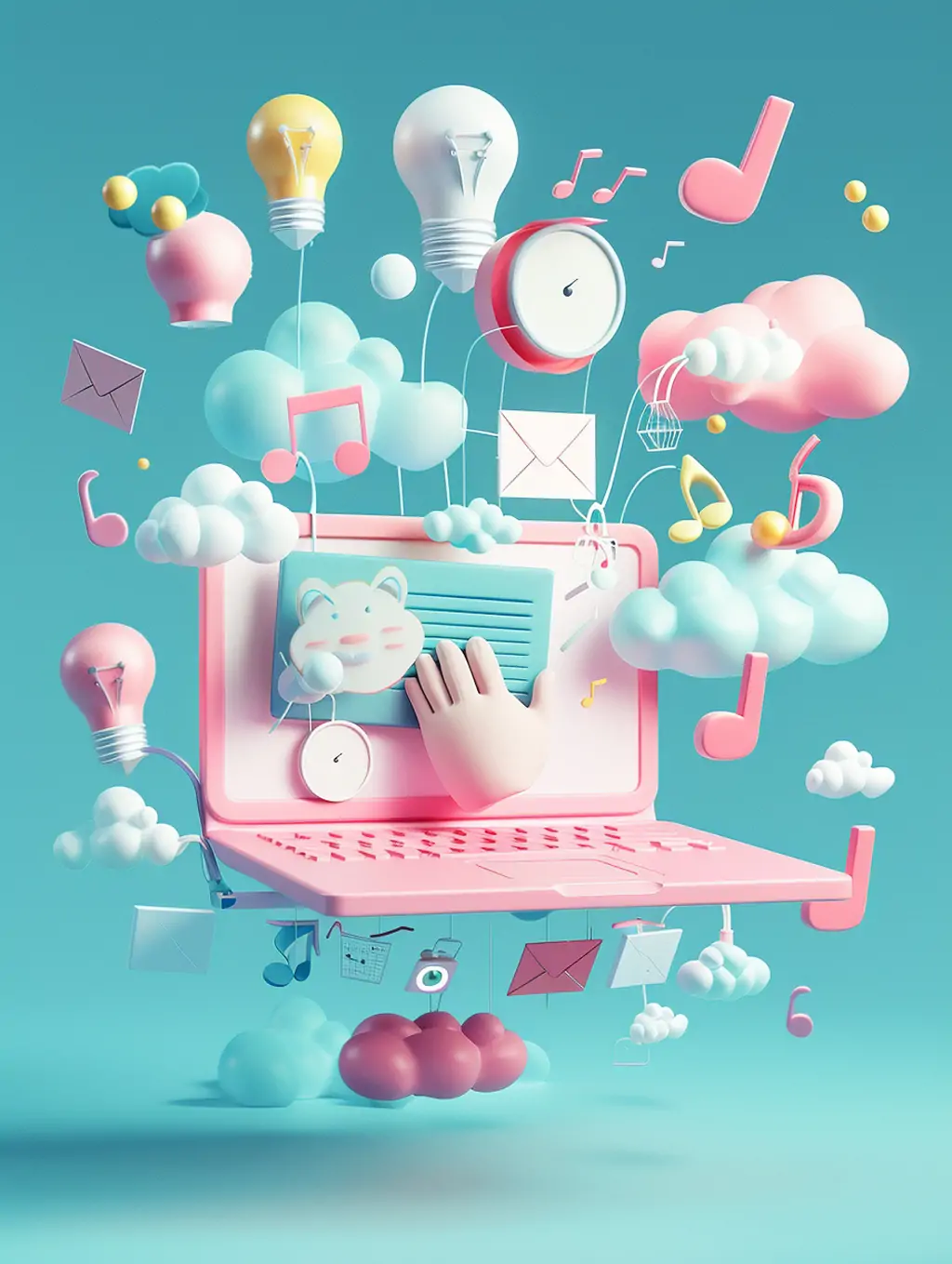 3D立体可爱卡通粉红色笔记本电脑工具图标插图海报midjourney关键词咒语 - Ai宇宙吧--Ai宇宙吧-