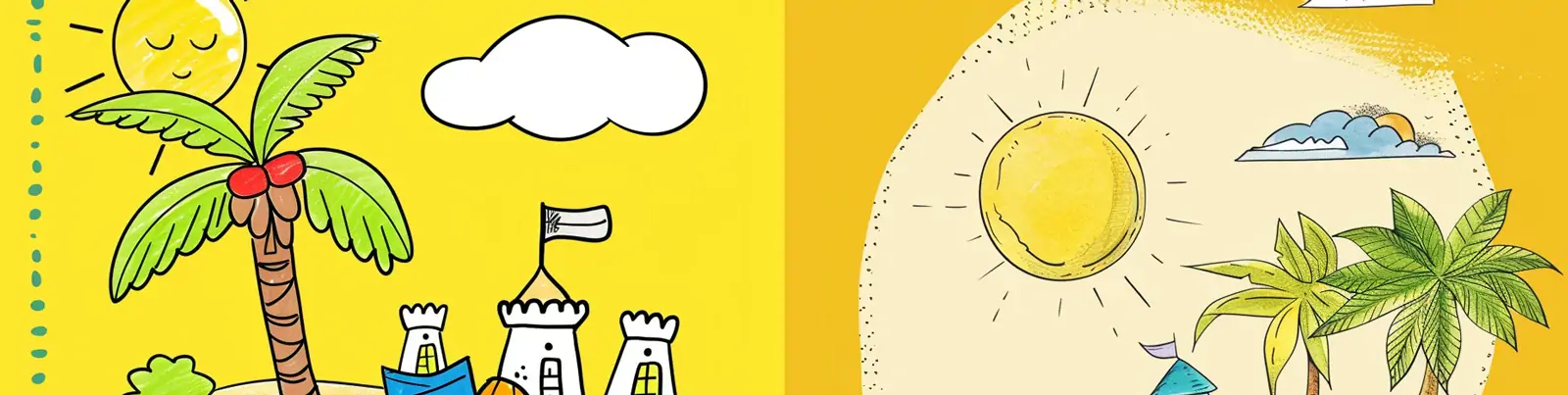 手绘卡通夏天大海沙滩城堡椰树场景插图绘画海报midjourney关键词咒语