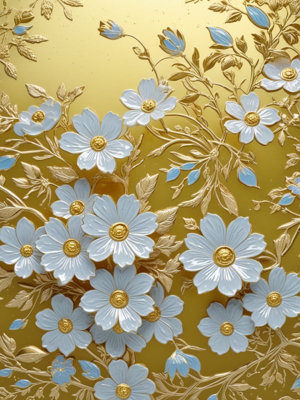 金色立体浮雕繁花珐琅彩色瓷器花纹图案奇域ai绘画关键词咒语-Ai宇宙吧-